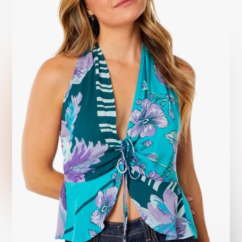 Free People Floral Blue Striped Tropical
V‎ Neck Tank Tie Size L